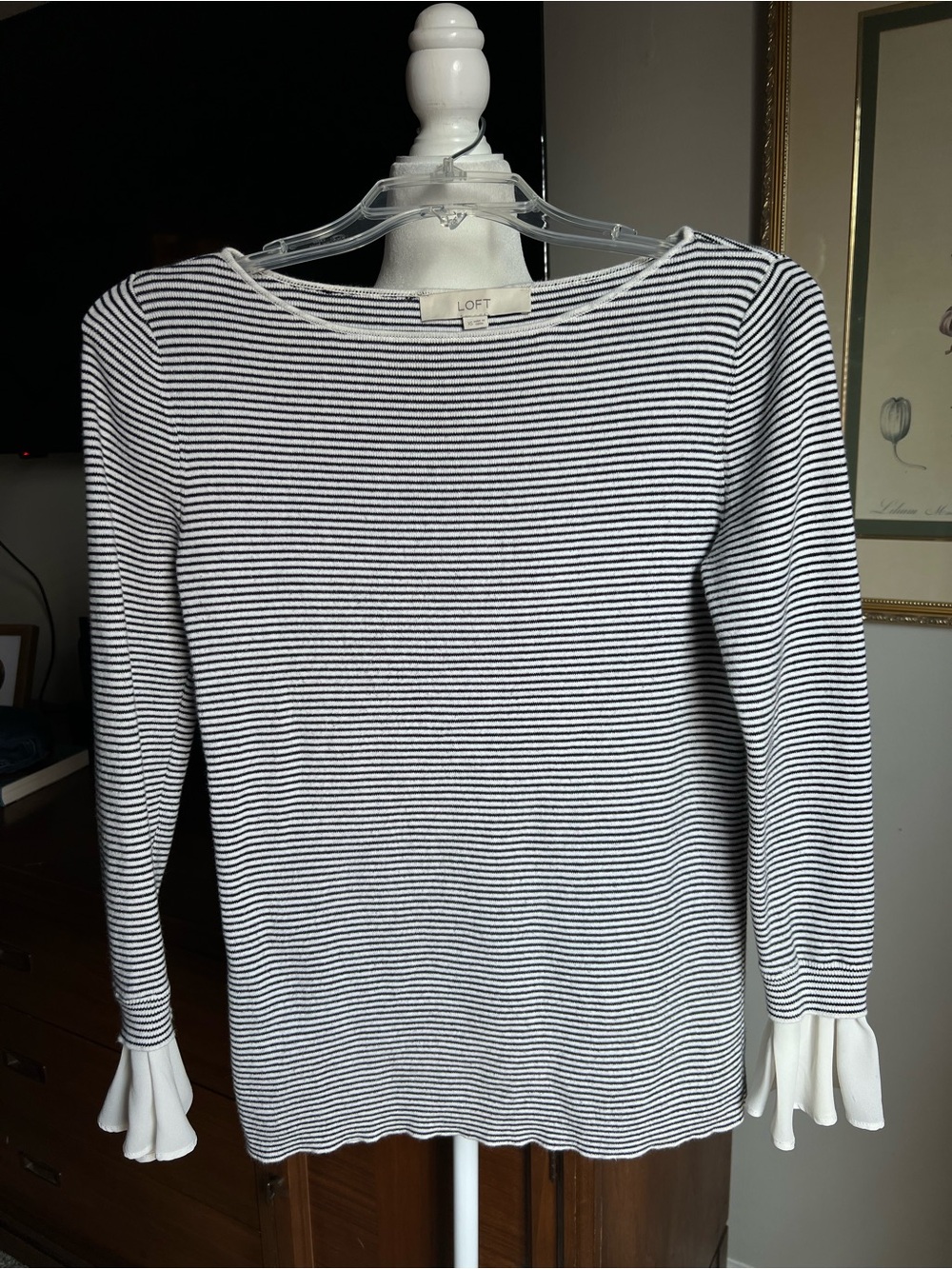 LOFT Black & White Striped Long Sleeve Top with Ruffle Cuffs